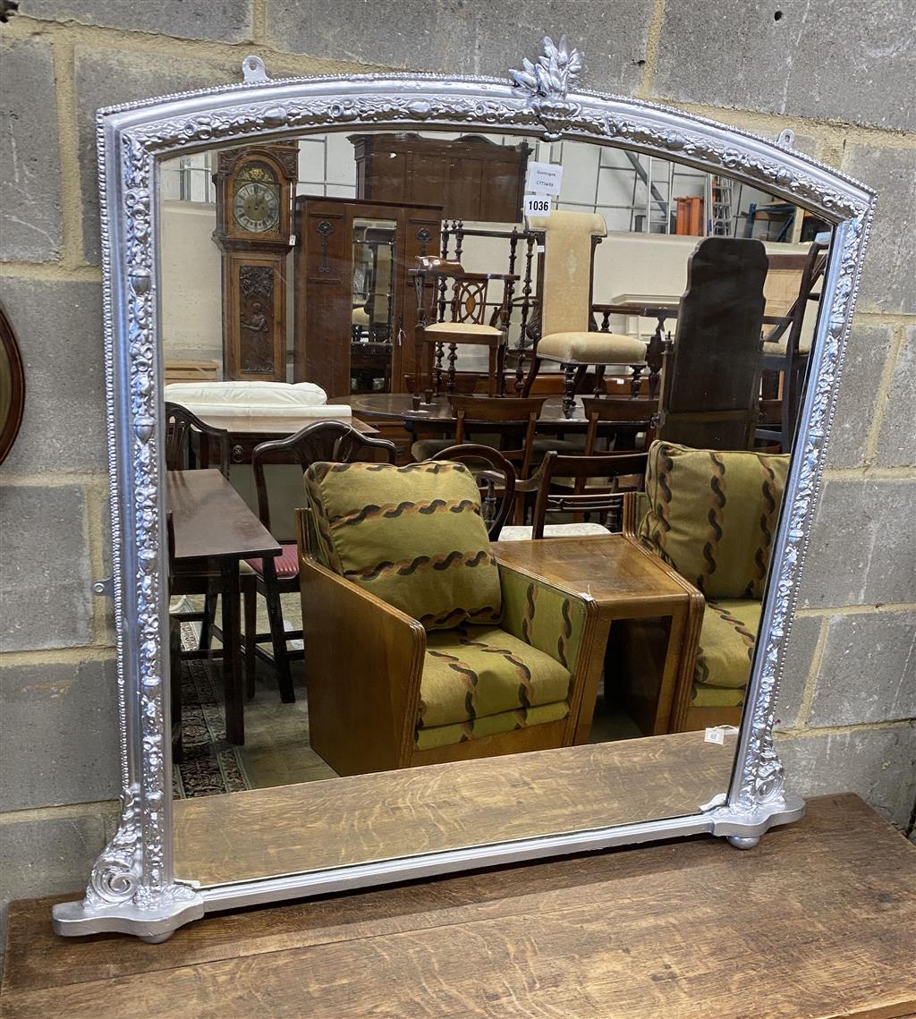 A Victorian silvered giltwood and gesso overmantel mirror, width 115cm, height 111cm
